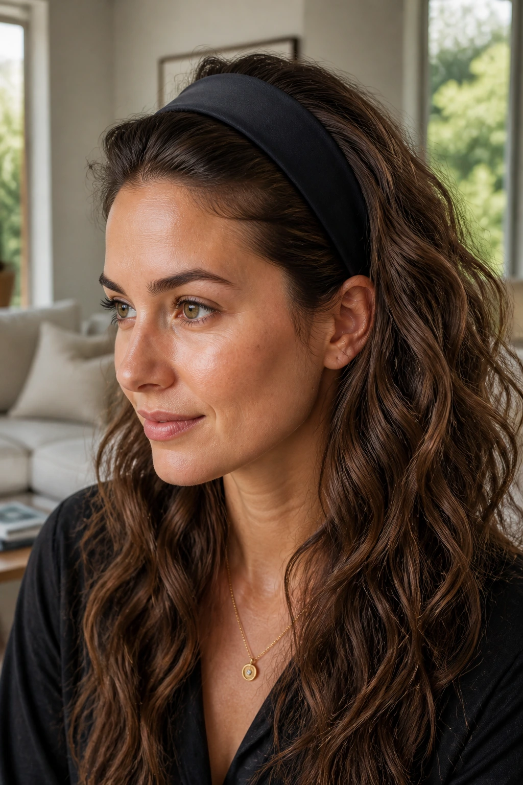 Close-up of a real woman with a wide headband tuck hairstyle in a bright living room