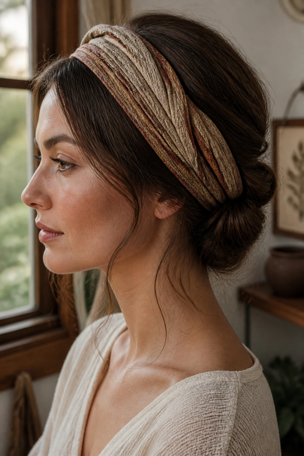 Real woman wearing a tucked-in headband updo in a warm indoor setting
