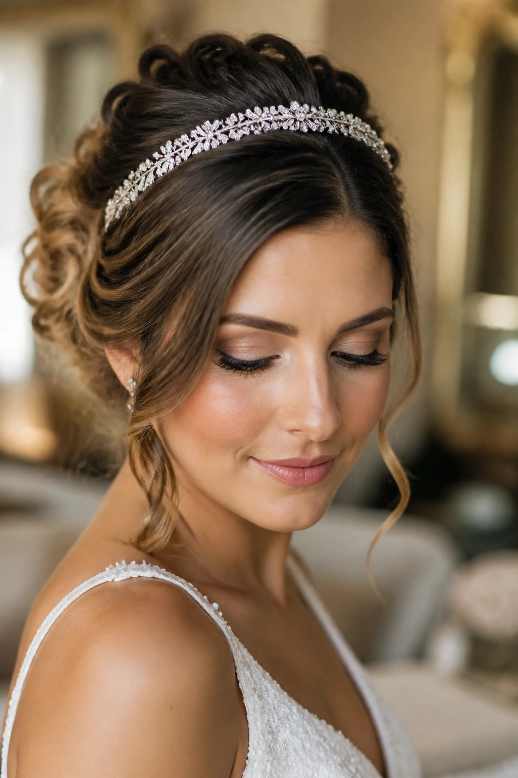 Close-up of a real person with an updo and decorative headband in an indoor bridal setting