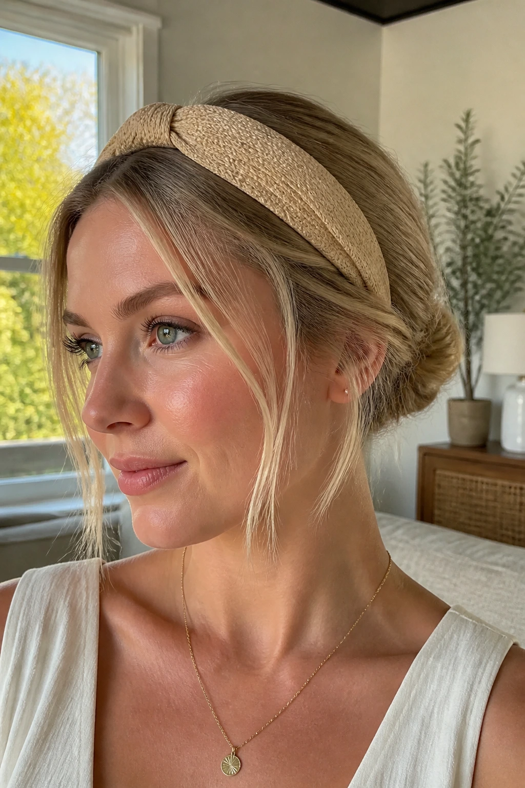 Close-up of a real woman with a headband tuck updo