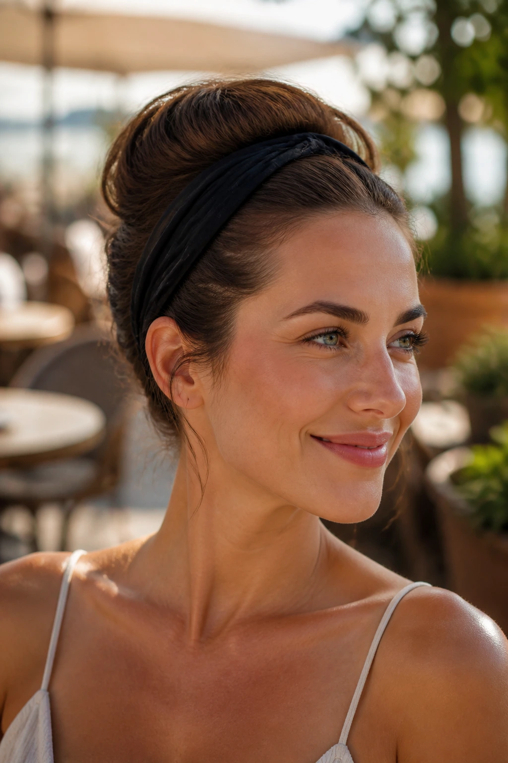 Close-up portrait of a woman with rolled headband updo in sunlit outdoor cafe