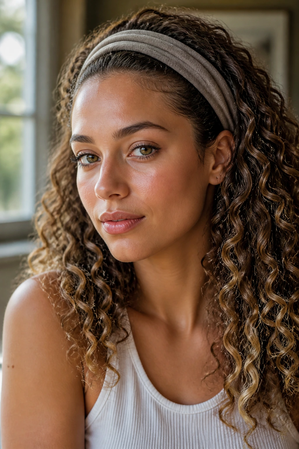 Real person with headband push-back waves and smooth face framing in natural light