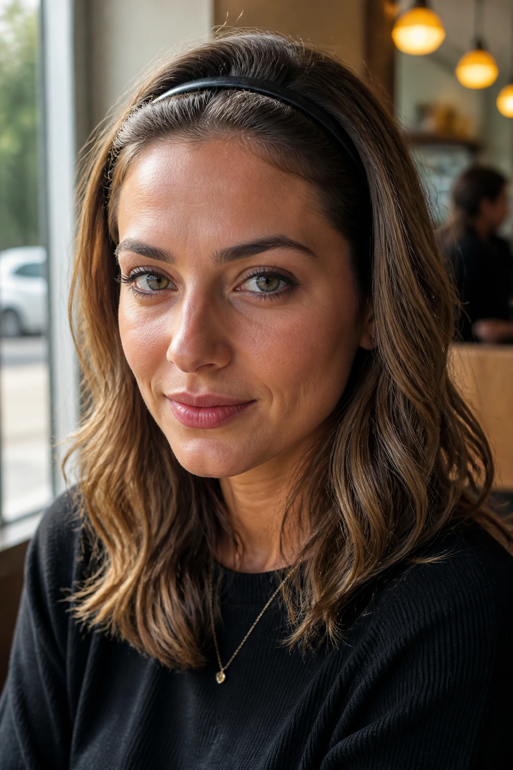 Portrait of a real woman with headband and wavy hair