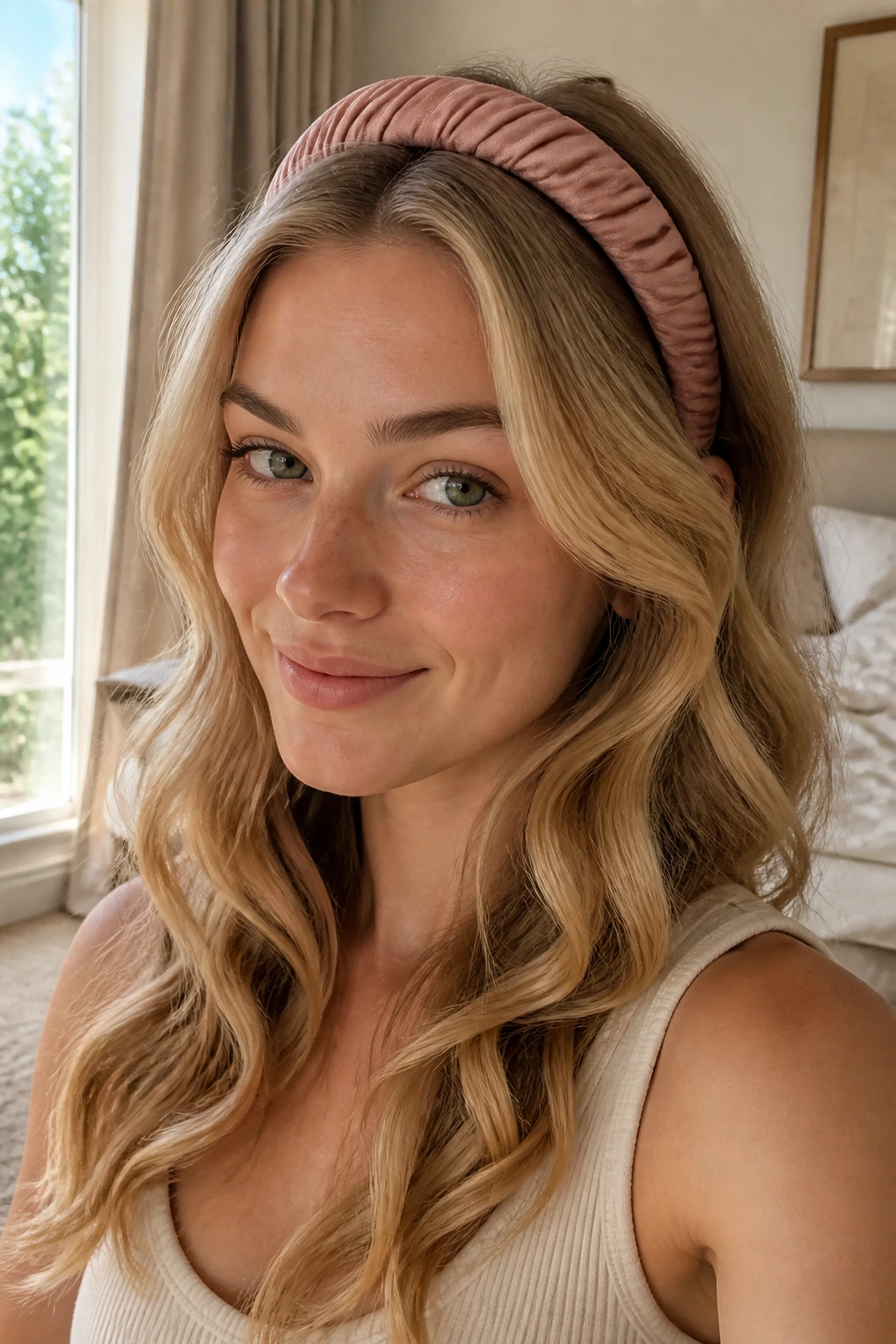 Close-up of a real woman with headband waves in morning light