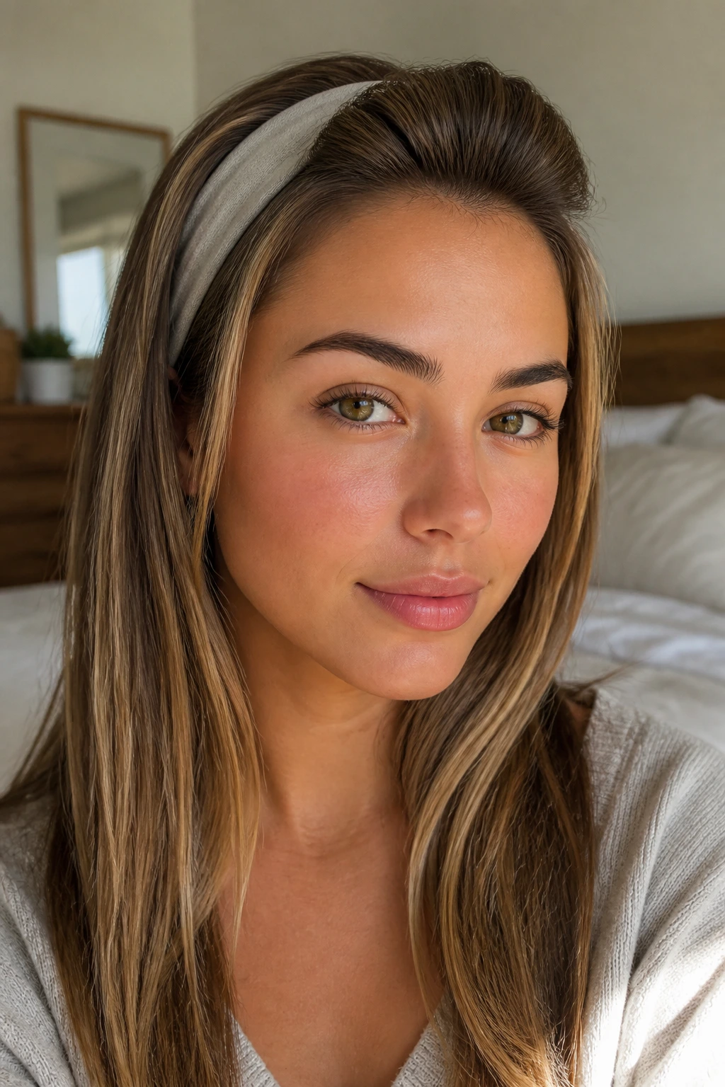 Close-up portrait of a woman with headband waves creating a soft bend at the front