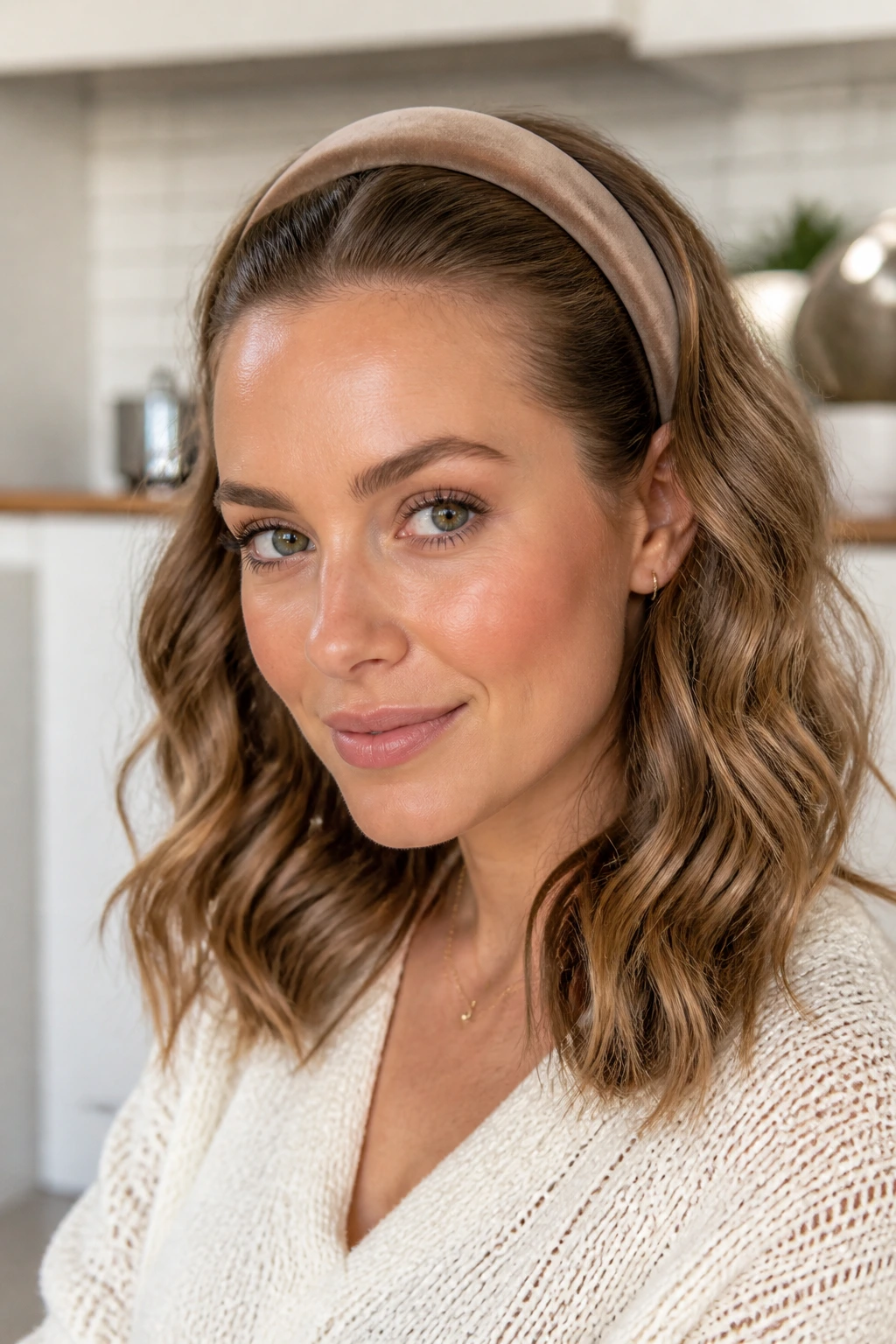 Close-up of a woman wearing a headband with smooth roots and waves behind it