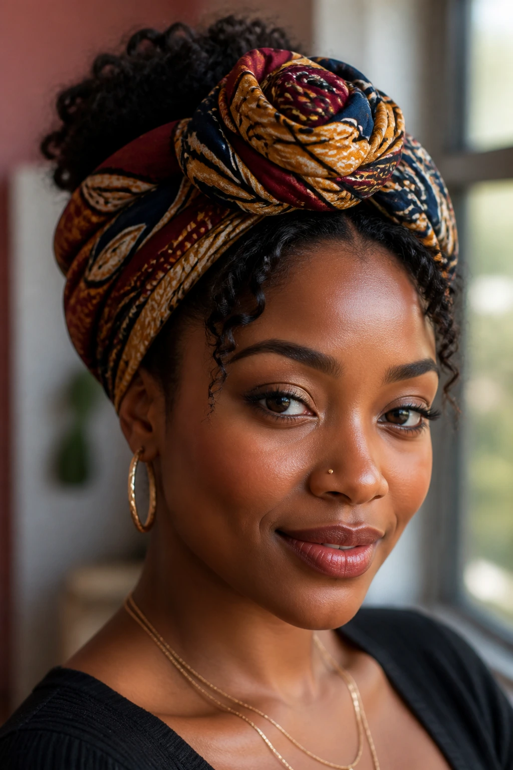 Close-up portrait of a real Black woman with a bold headwrap accent