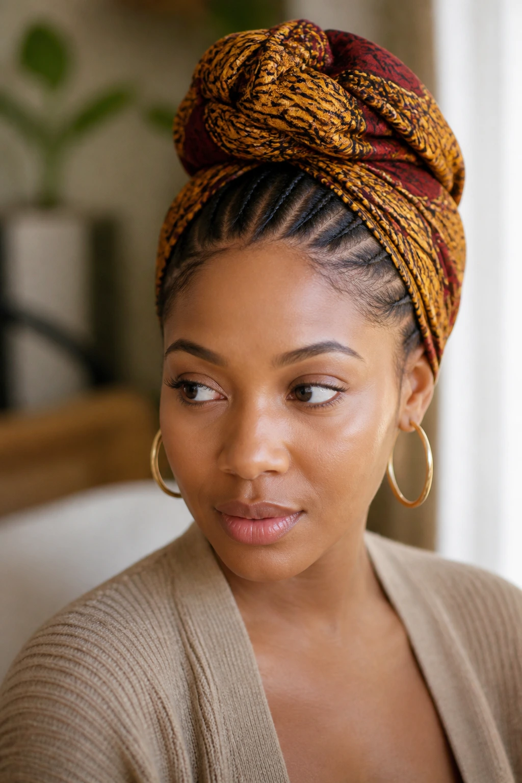 Close-up portrait of a real person with a cornrow base under a headwrap