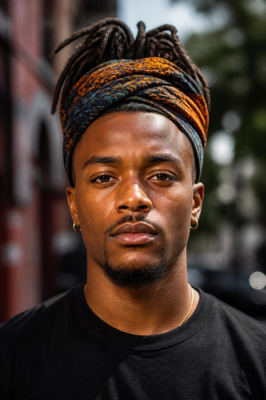 Close-up portrait of a man with headwrap locs outdoors during golden hour