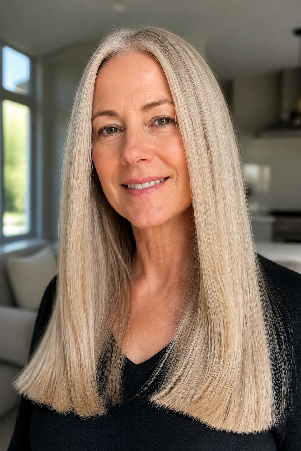 Portrait of a real woman with a healthy-ends-only straight cut on long hair