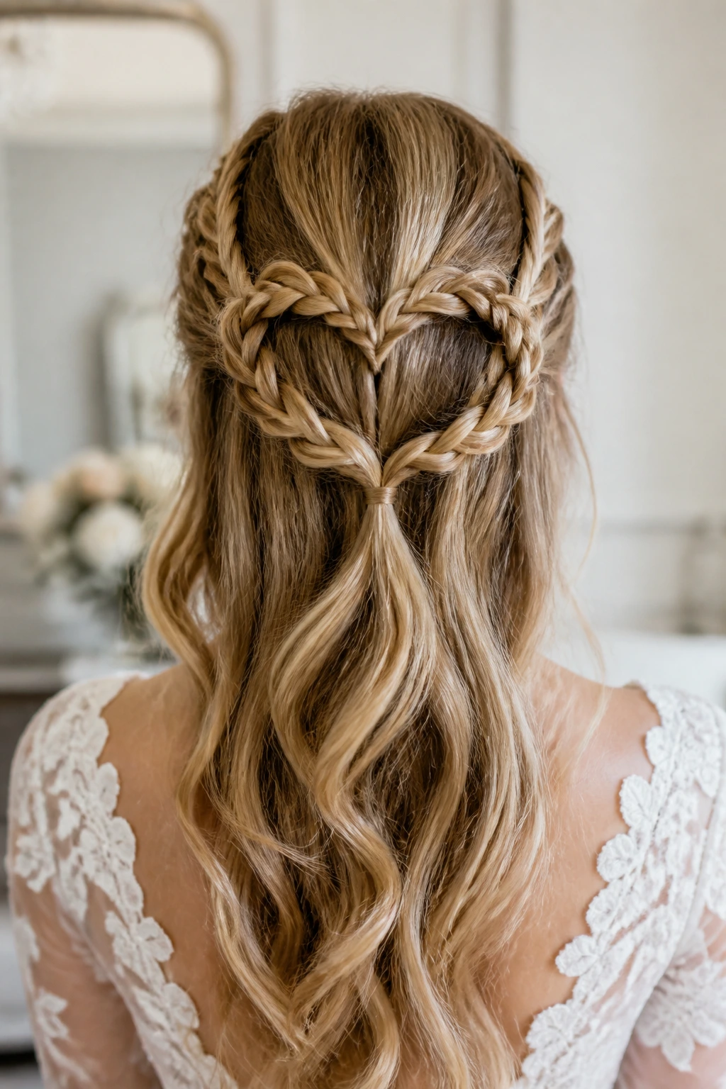Back view of real bride showcasing Heart-Braid Half-Up with two braids forming a heart