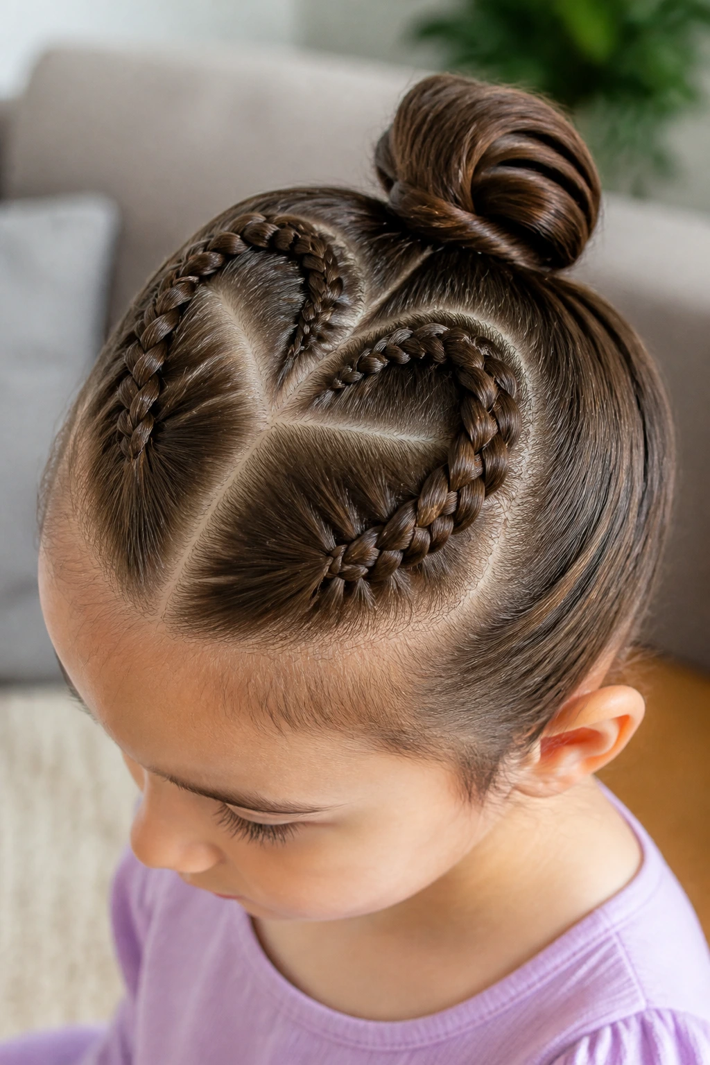 Top-down view of a real girl’s heart-shaped braid leading into a pony bun