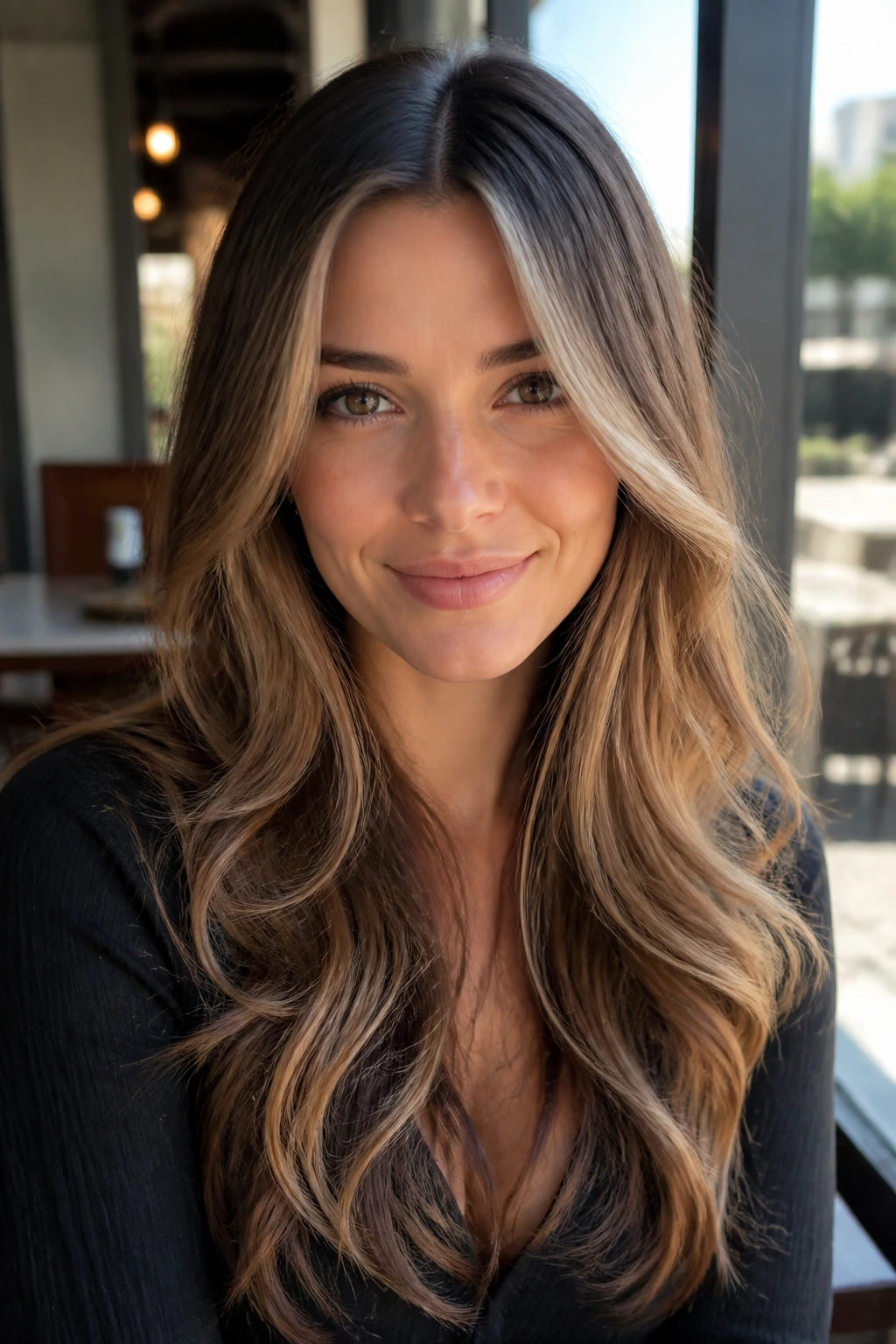Close-up of a real woman with front layers softening the forehead and widening at cheeks