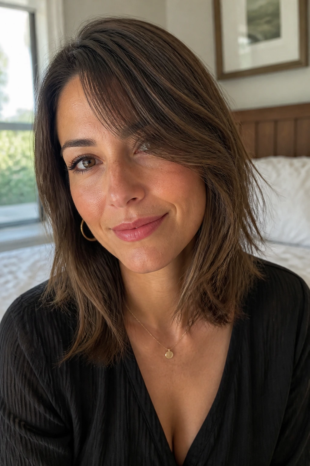 Close-up portrait showing a longer side bang balancing a heart-shaped face.