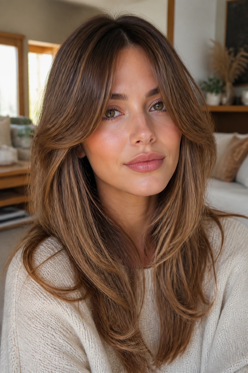 Close-up of a real woman with heart-face balancing layers and curtain bangs