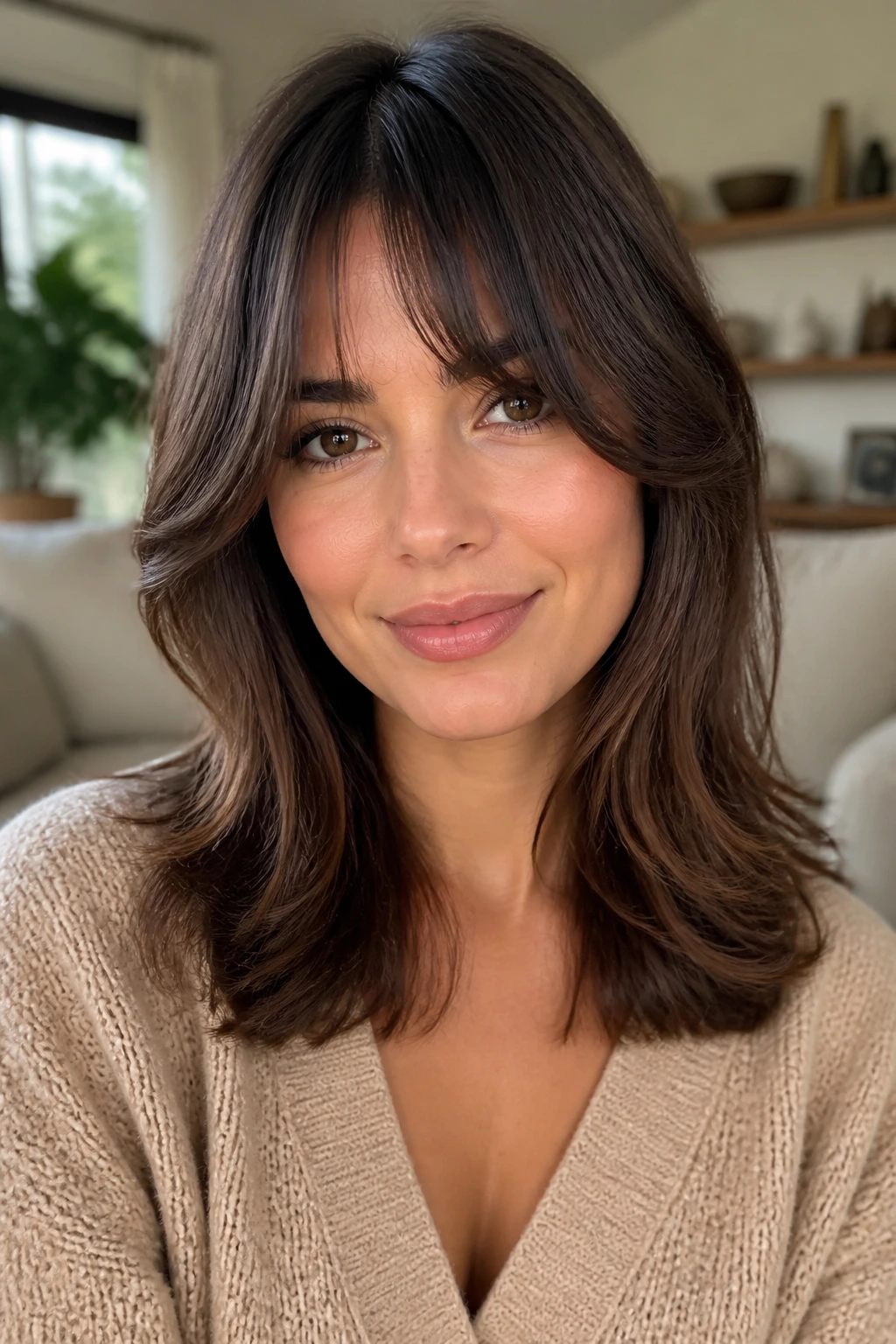 Close-up portrait of a real woman with heart-face balancing curtain fringe in natural light