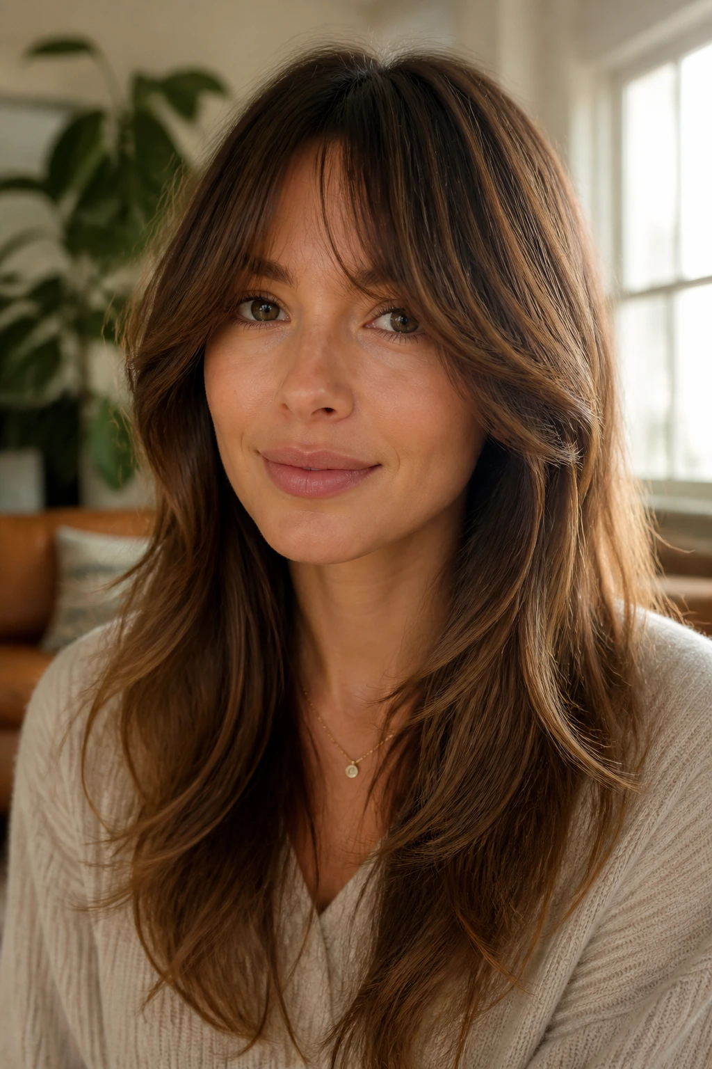 Close-up portrait of a real woman wearing heart-face balance fringe with jawline-length side pieces