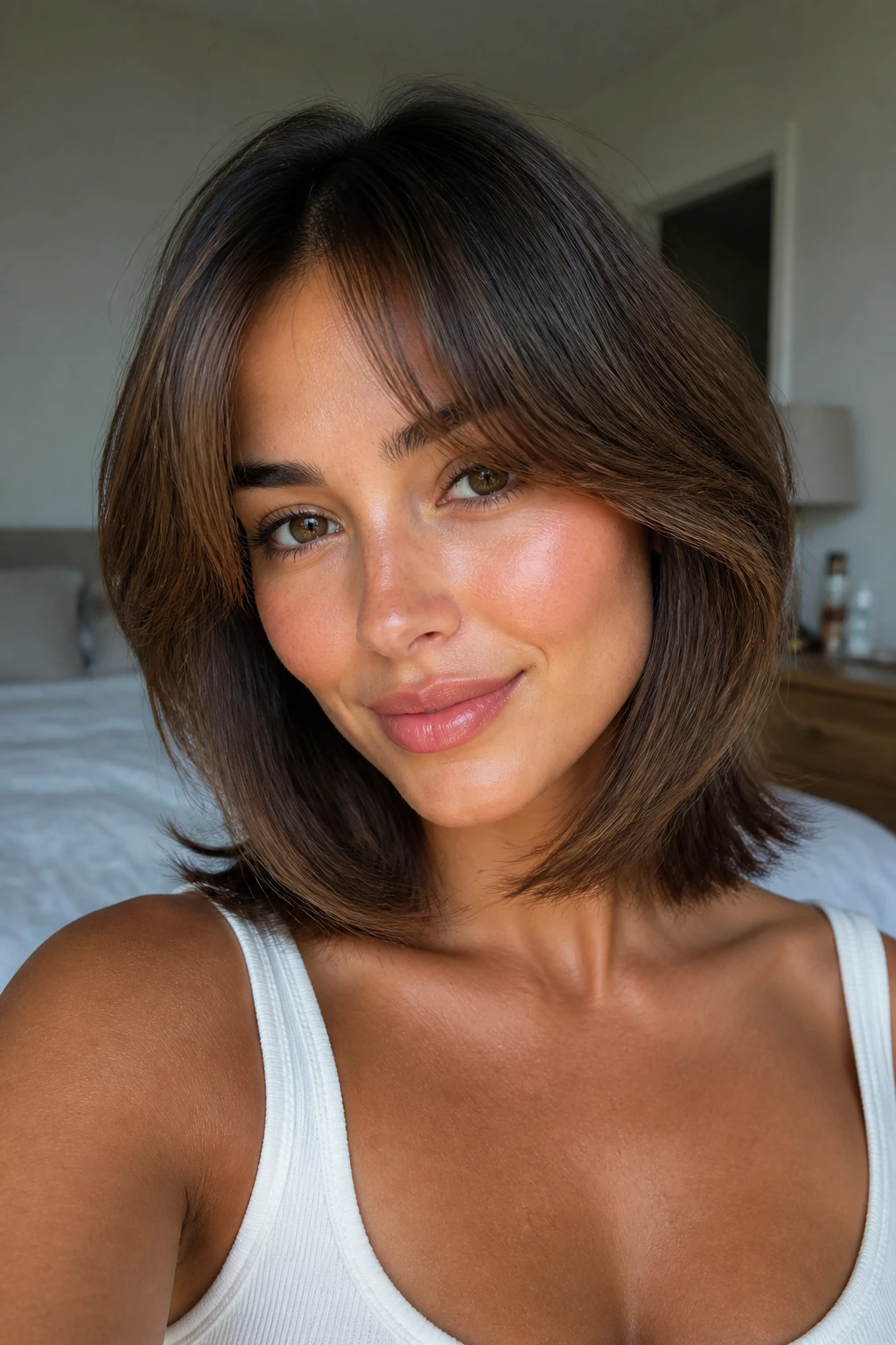 Close-up portrait of a real person with heart-shaped face and jaw-skimming curtain bangs