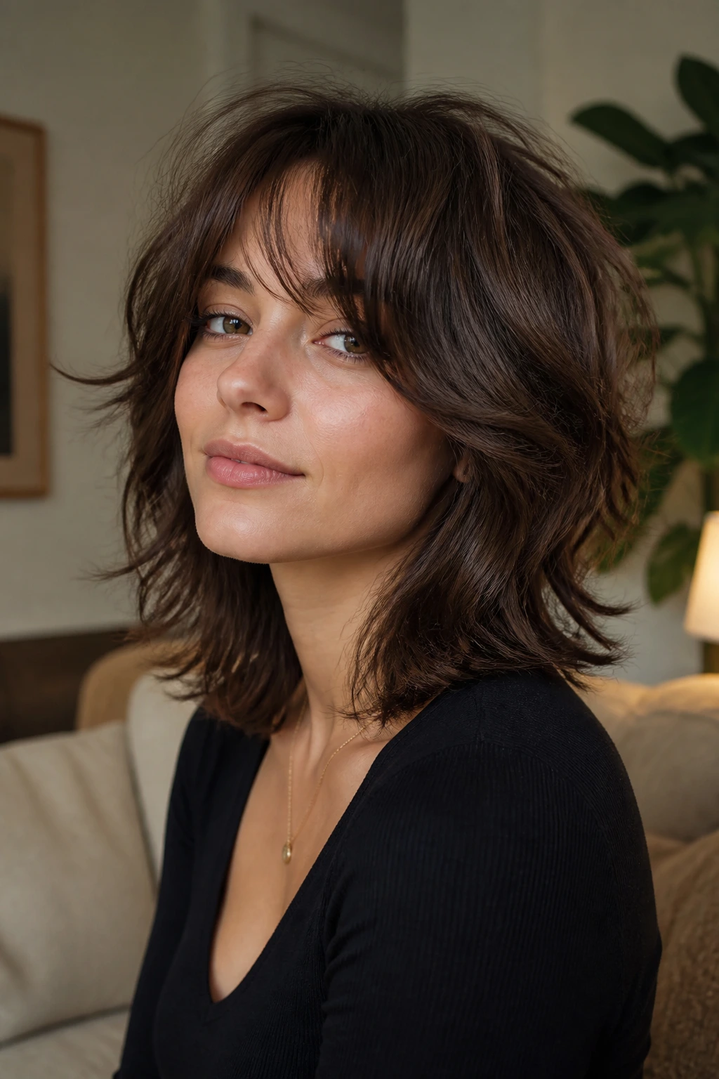 Close-up of a real woman with heart-face soft shag in a cozy living room with warm light