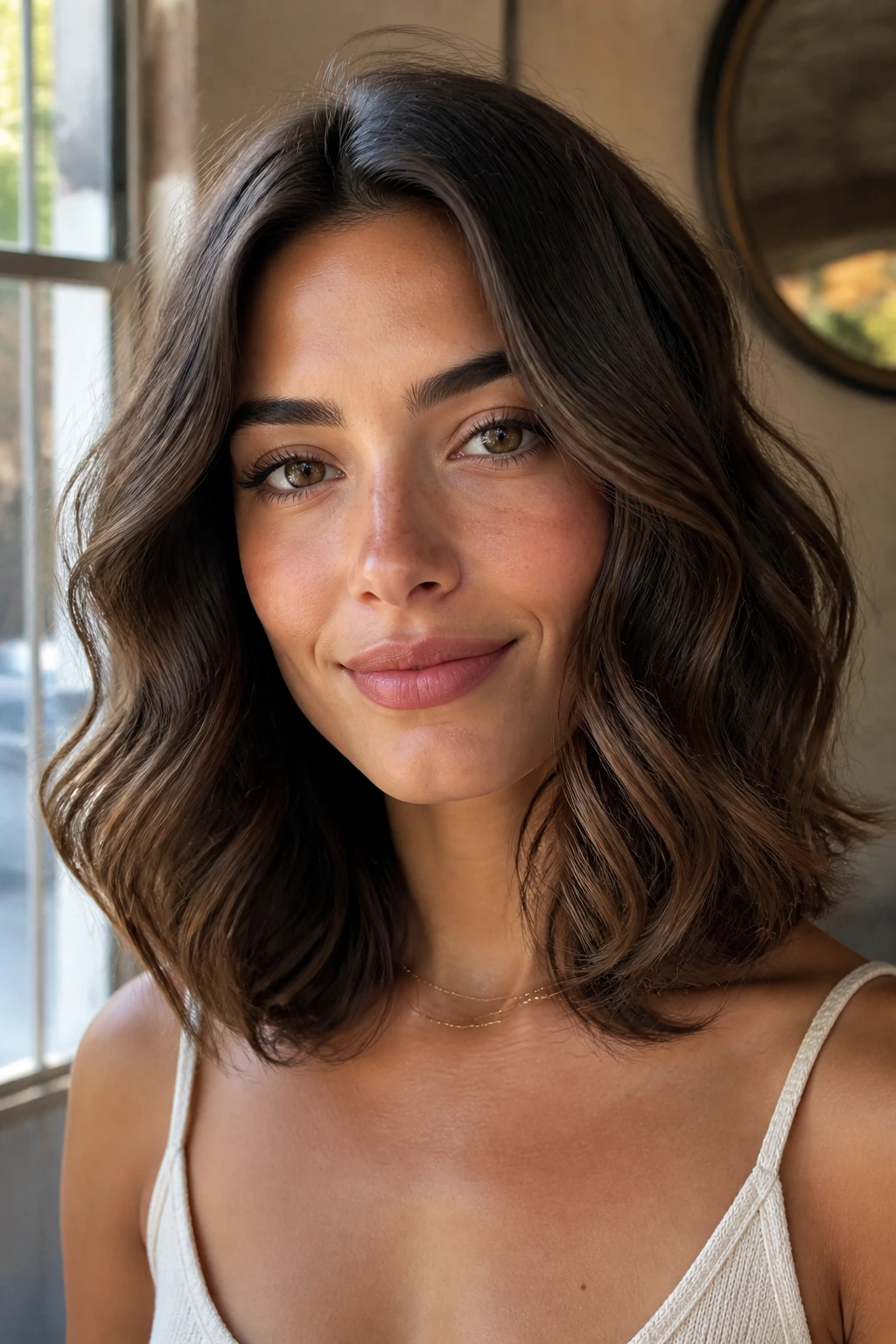 Close-up of a real woman with heart-face waves emphasizing jaw-volume