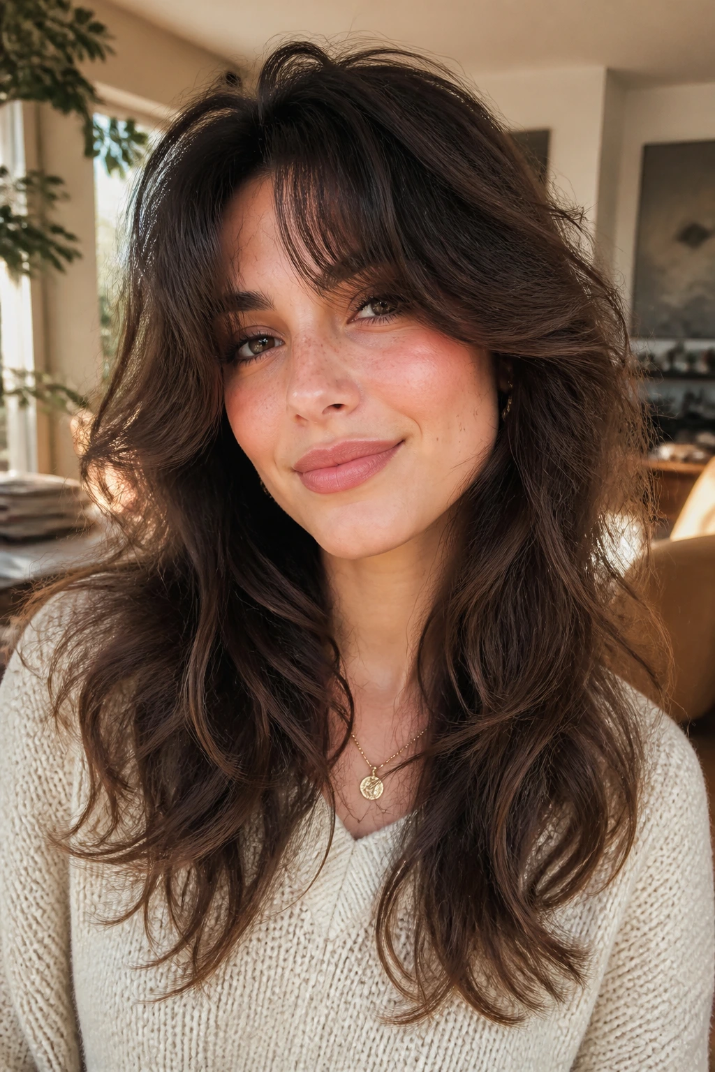 Portrait of a woman with heart-face wolf shag framing cheeks with curtain fringe
