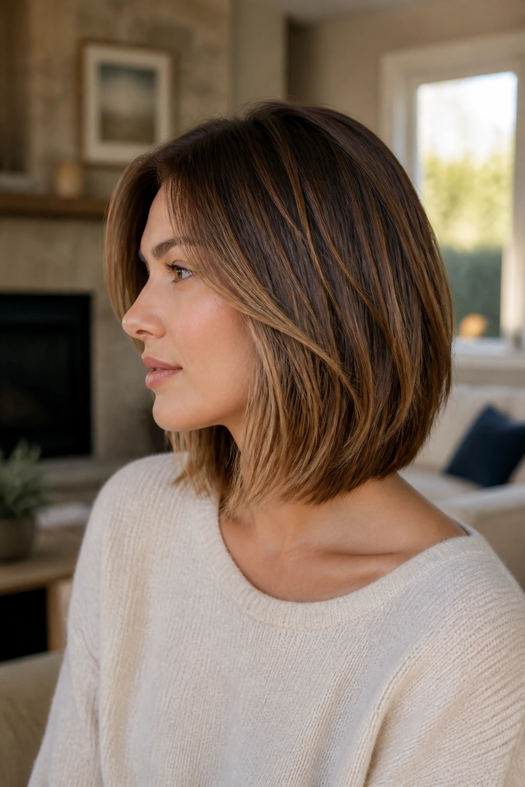 Side-profile of a real woman with a rounded lob balancing a heart-shaped face.