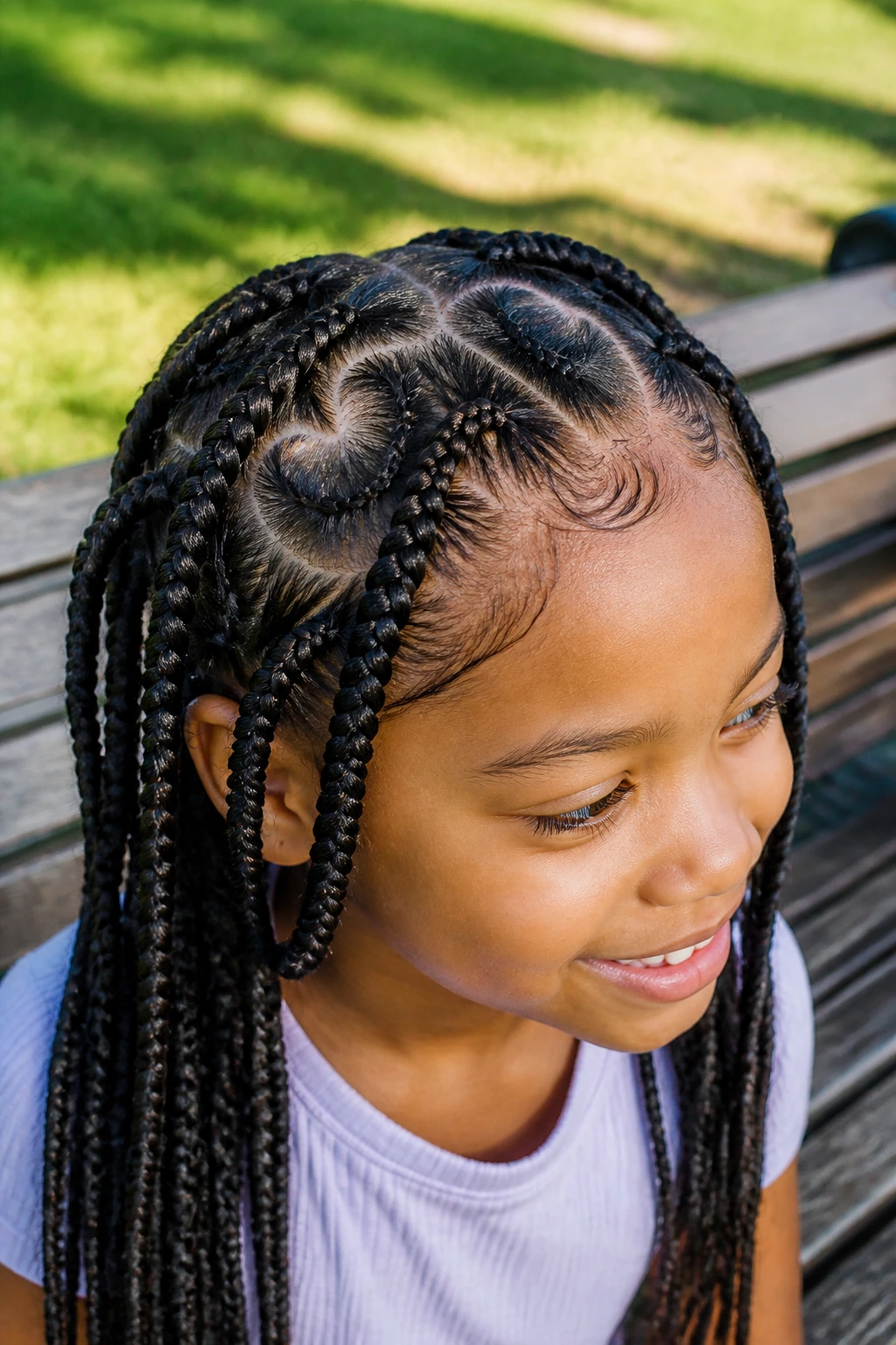 Close-up of a child with heart-part box braids in a sunlit park