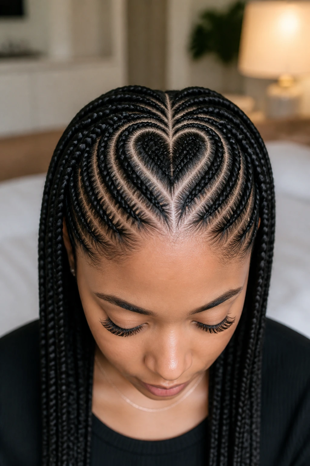 Real person with heart-shaped part in feed-in braids