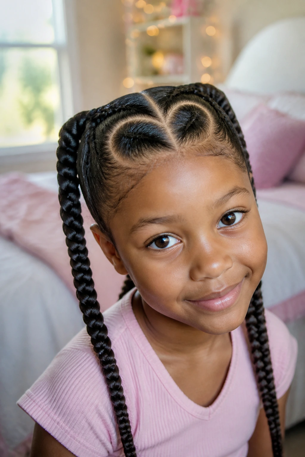 Close-up of a child with a heart-shaped part braid