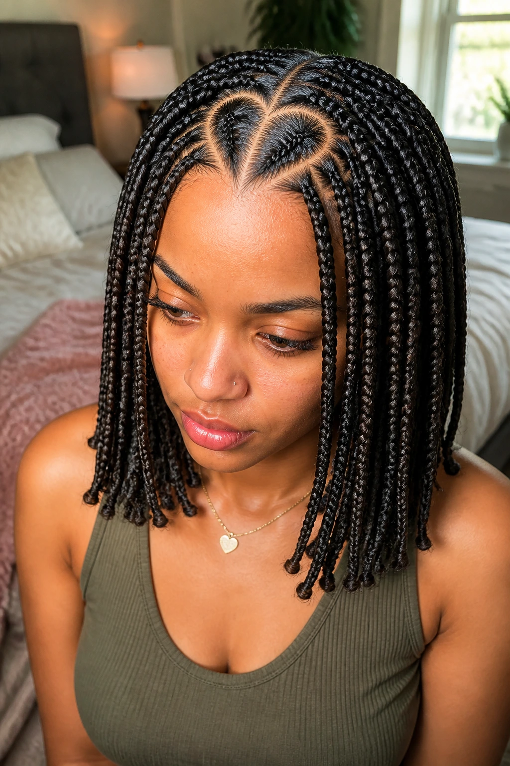 Close-up of a real woman with a heart-shaped crown part braided into box braids.