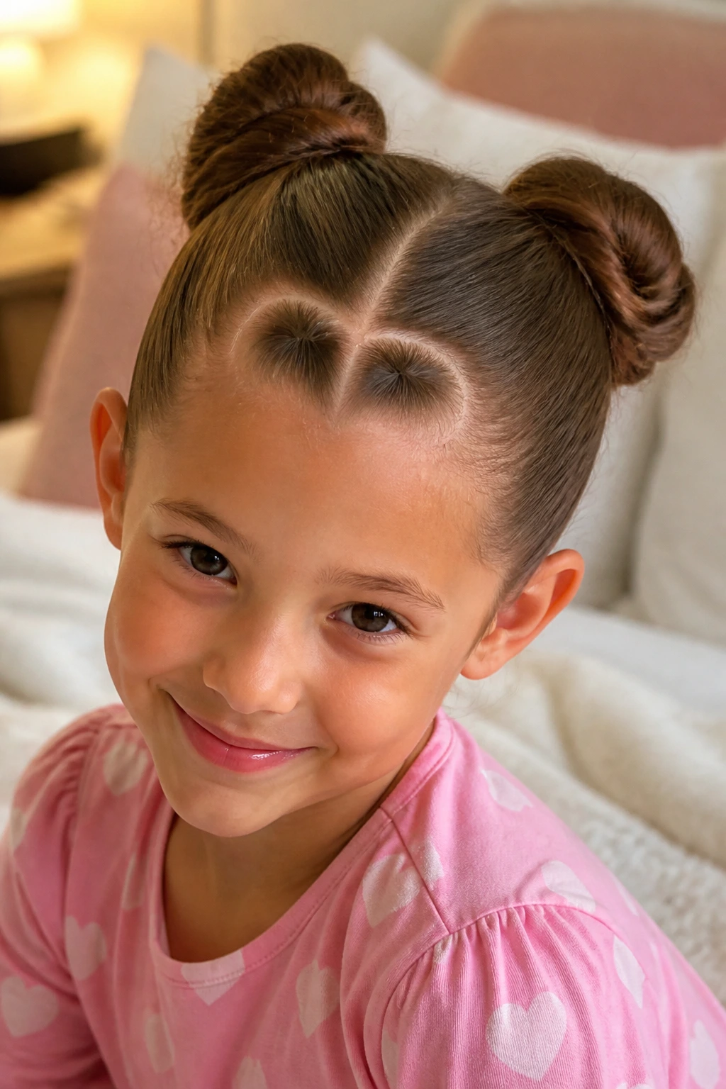 Close-up of a girl with a heart-shaped hair part and two buns