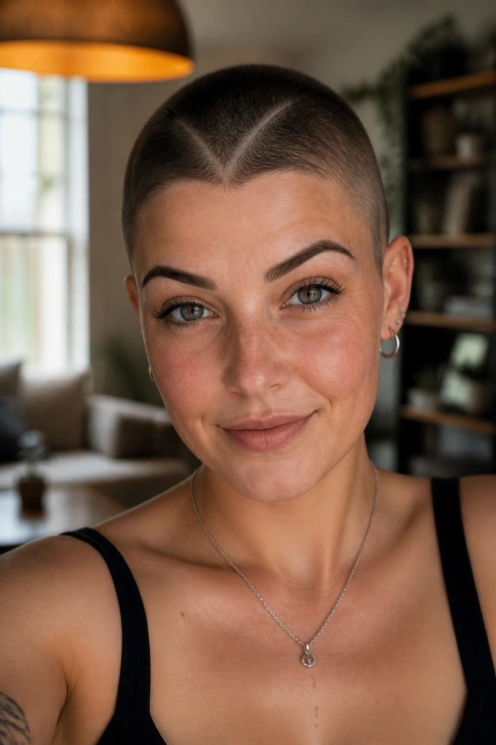 Real woman with heart-shaped part in buzz cut