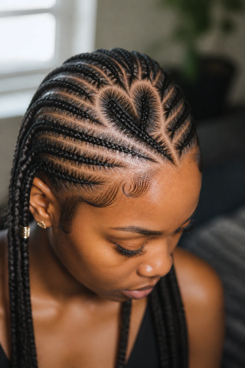 Close-up of heart-part cornrows on a real woman.