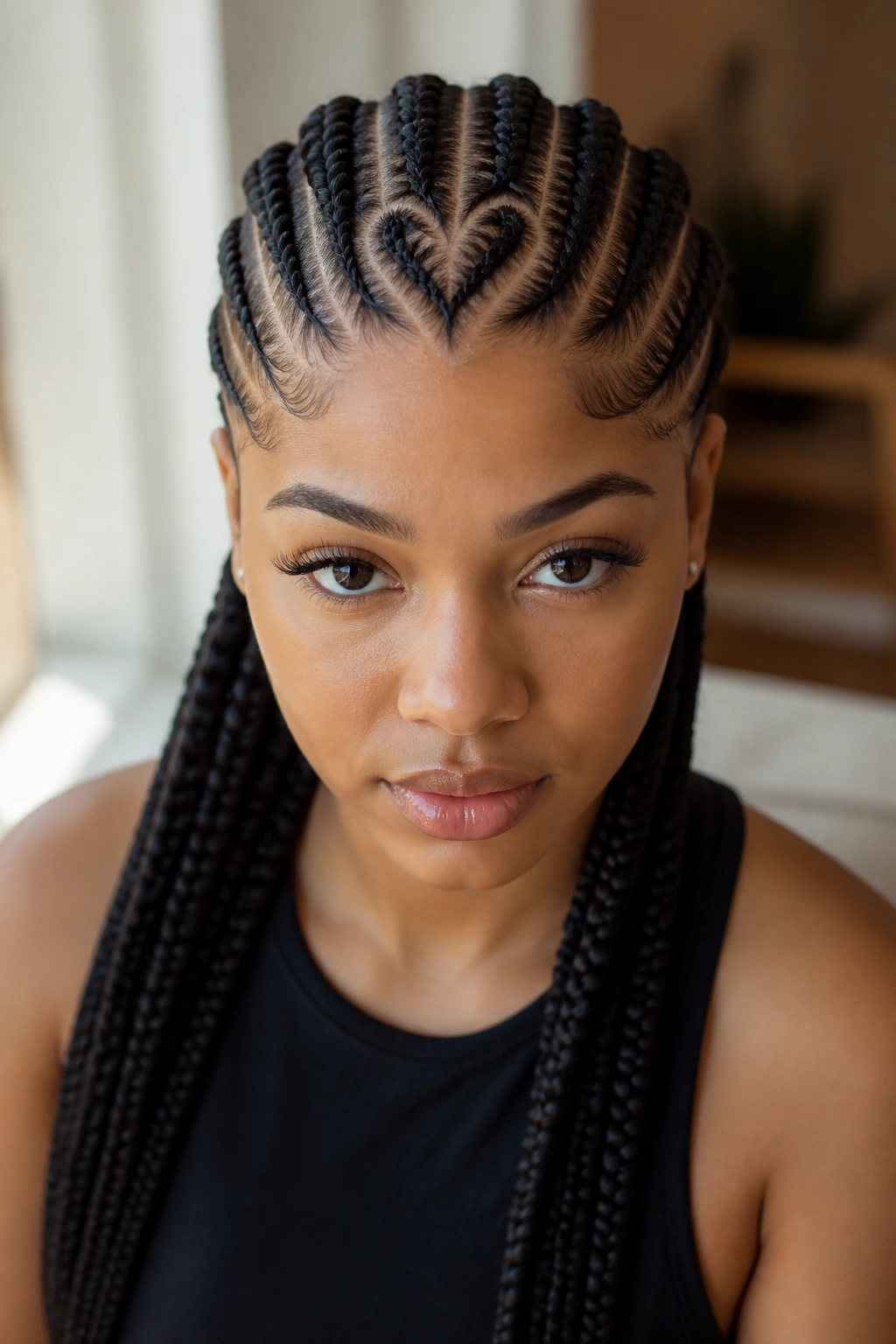 Close-up of a person with a heart-shaped scalp part in cornrows