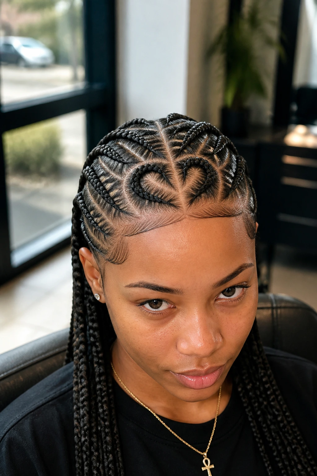 Close-up of heart-part cornrows with a sleek line-up on a real person