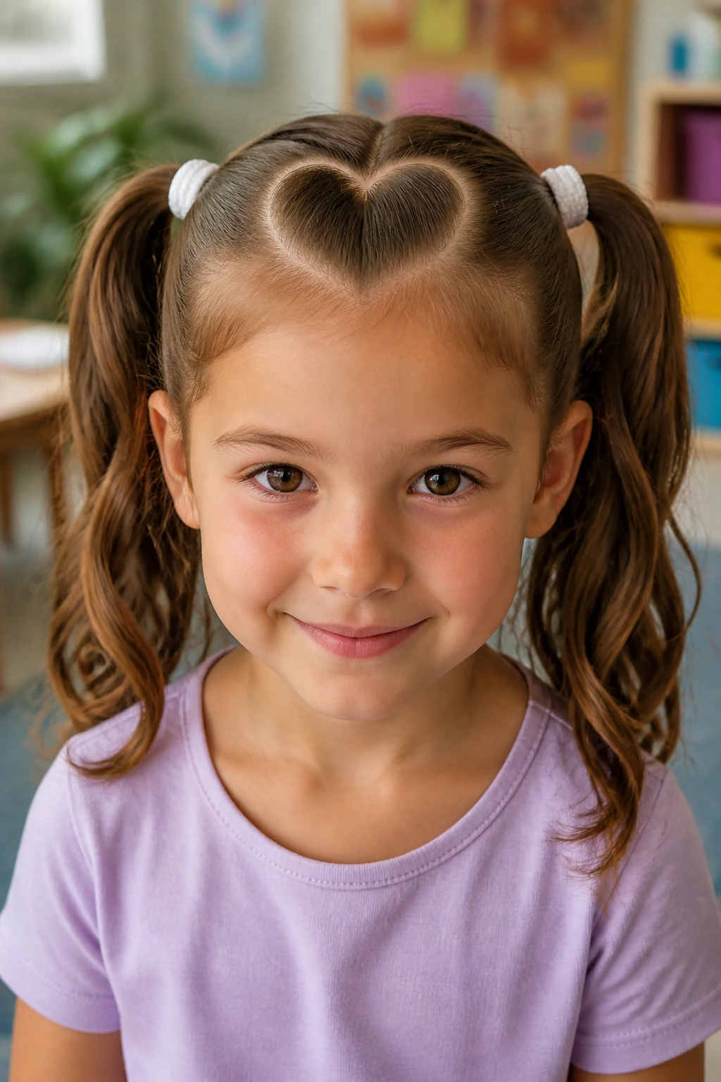 Child with heart-shaped part and two neat pigtails.