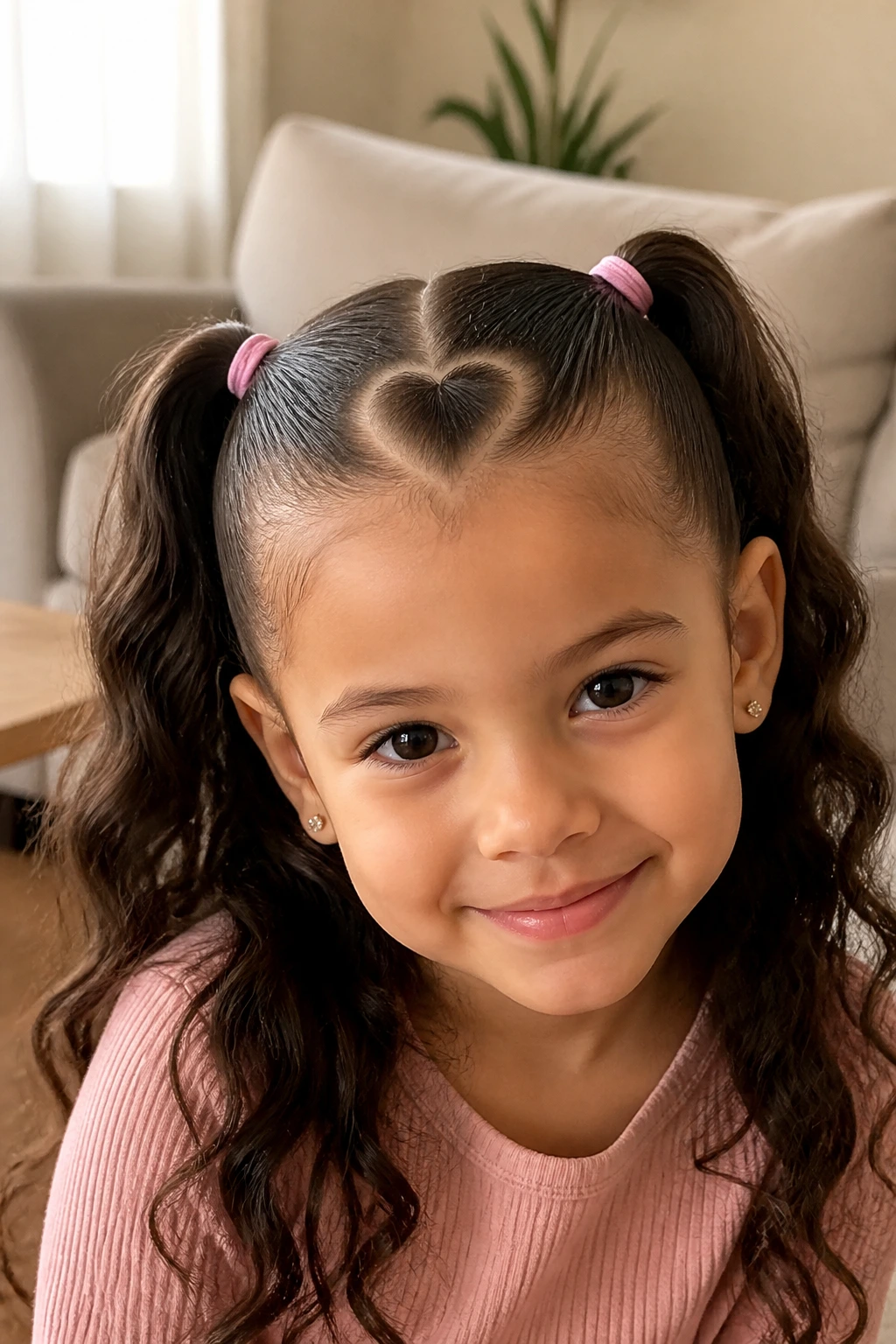 Close-up of a girl with a heart-shaped part and pigtails.