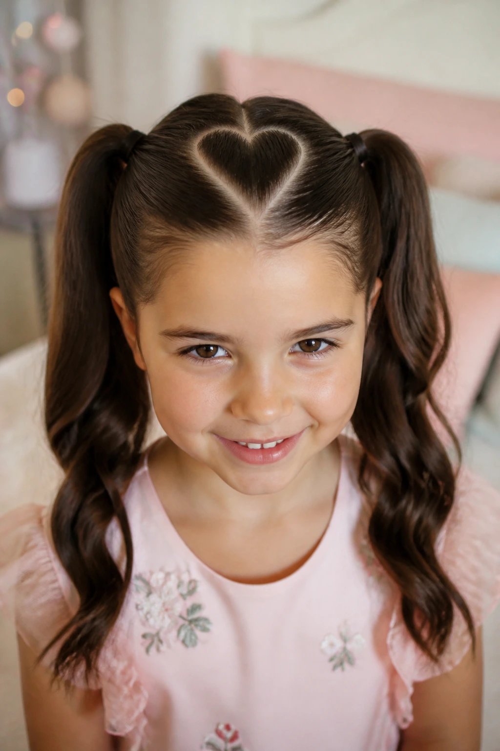 Brunette girl with heart-shaped part and two pigtails in a bright, playful room.