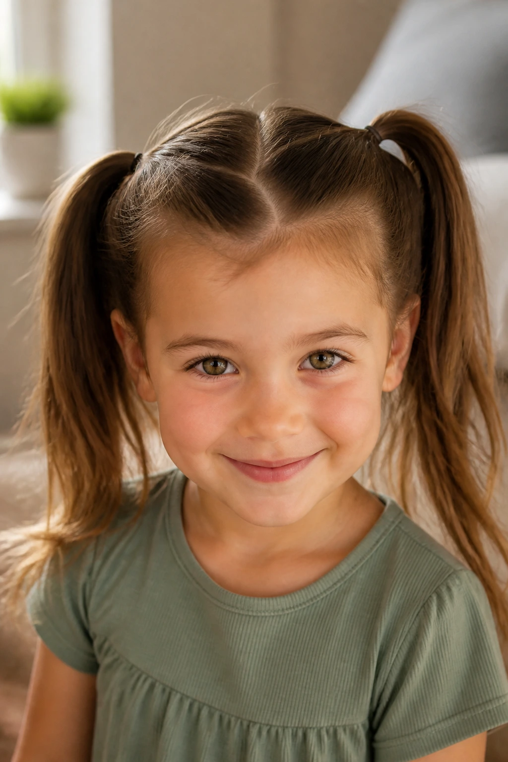 Close-up of a girl showing a heart-shaped crown part and two ponytails