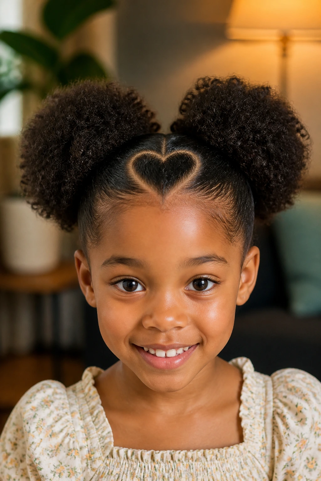 Girl with heart-shaped part between two puffs