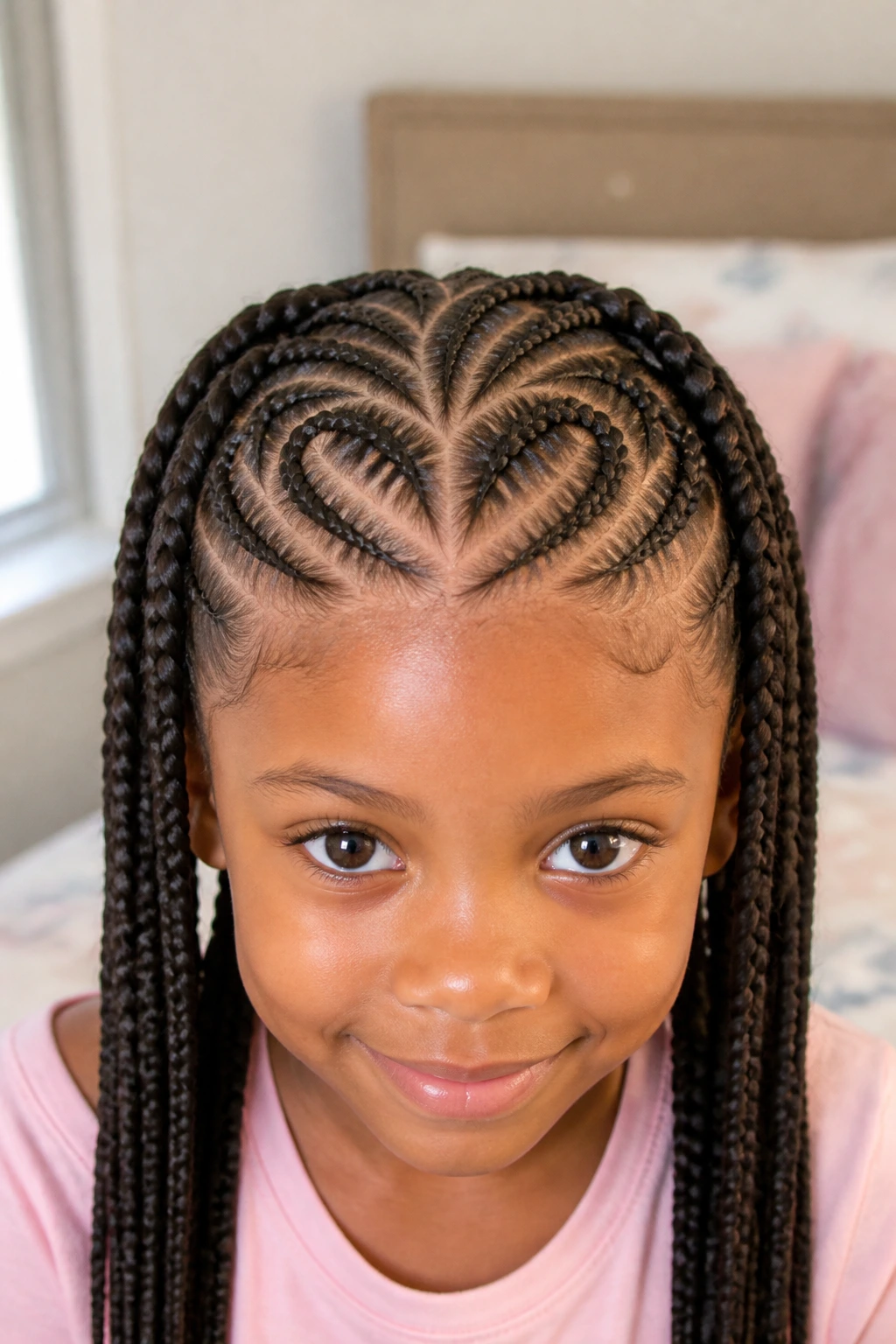 Close-up of a child with heart-shaped braid partings on the scalp