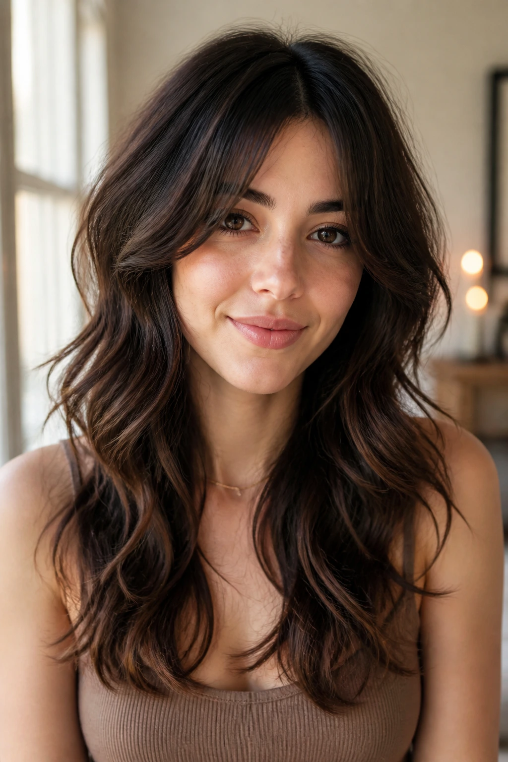 Portrait of a real person with Heart-Shape Balancing Wolf hairstyle.