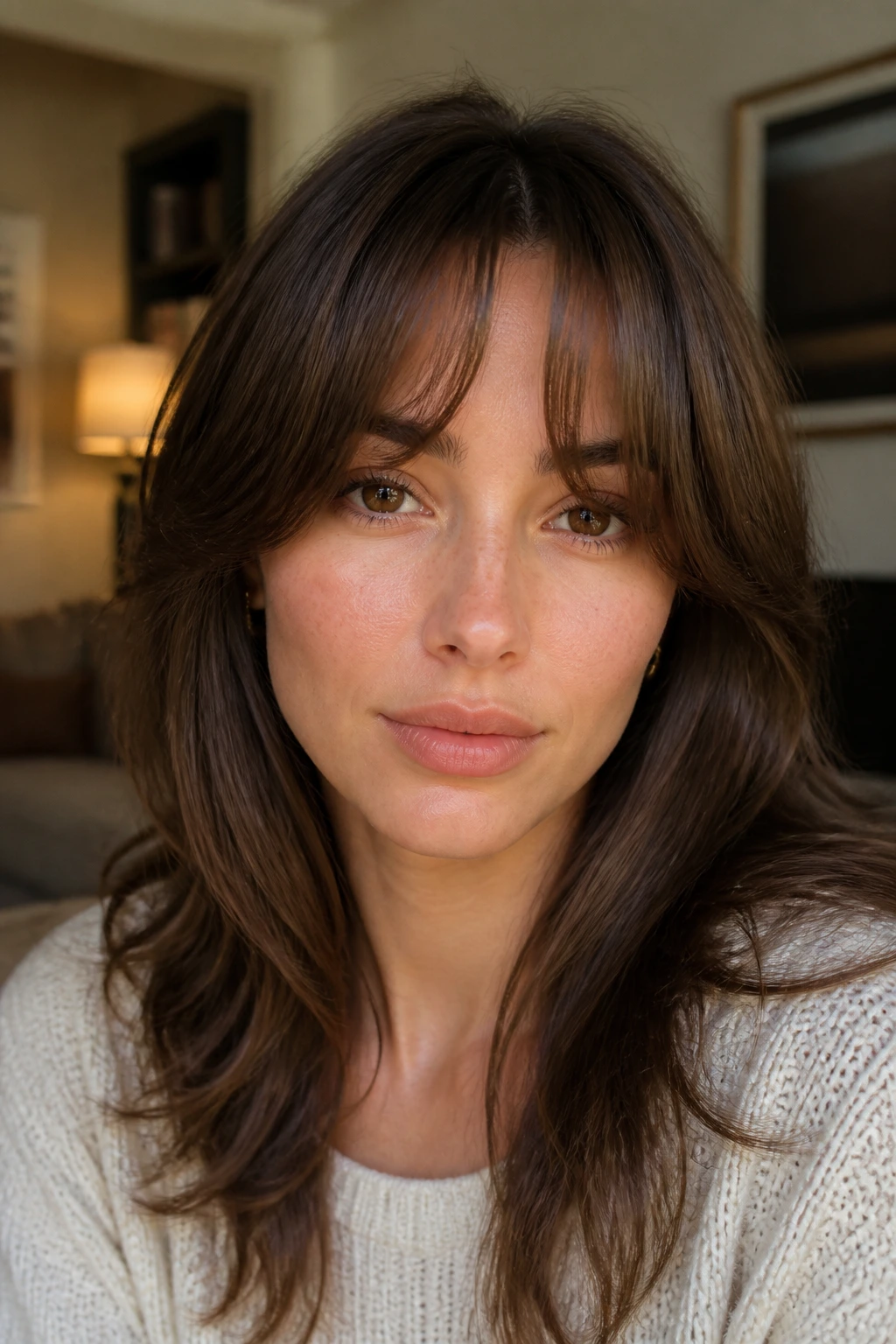 Close-up of a real woman with heart-shaped balancing bangs framing the forehead