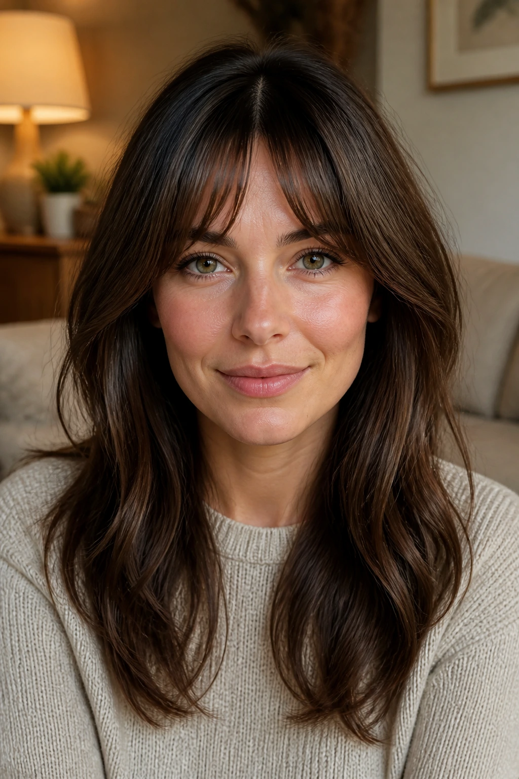 Close-up portrait of a real woman with heart-shaped face soft bottleneck bangs
