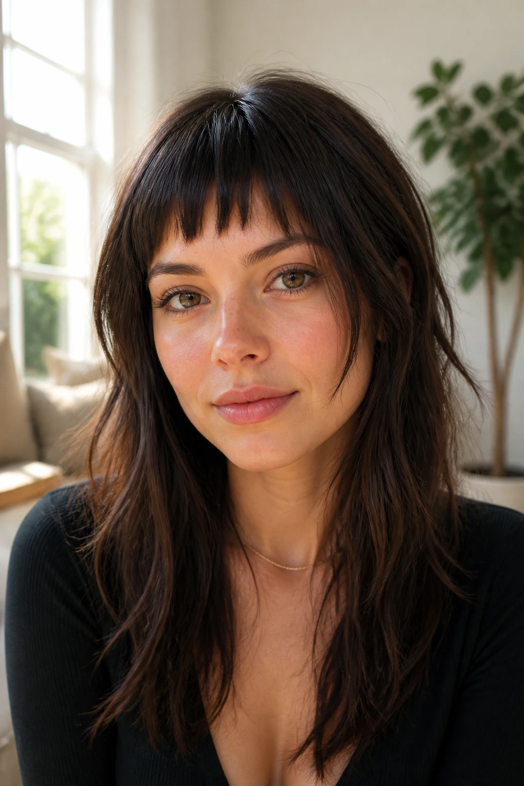 Close-up of a real woman with dense choppy bangs and cheek-side pieces on a heart-shaped face