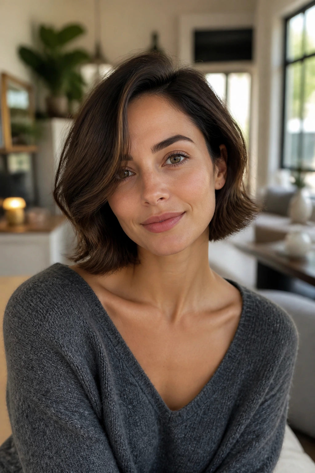 Close-up of a real woman with a softly framing bob on a heart-shaped face with a side-part