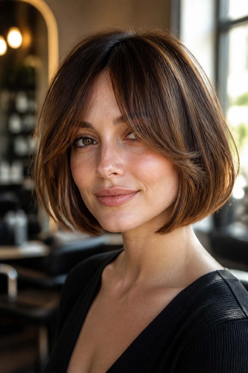 Close-up portrait of a woman with a soft-curved bob and curtain fringe flattering a heart-shaped face in warm window light
