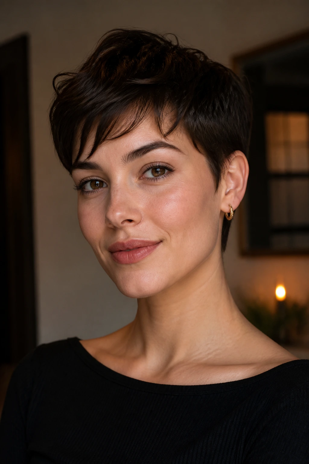Portrait of a real person with a heart-shaped face and balanced short haircut