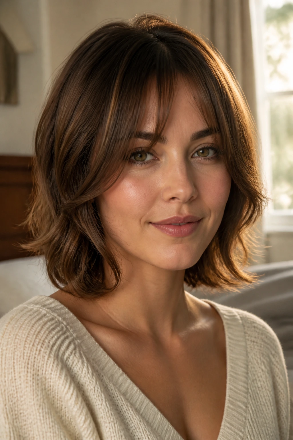 Close-up portrait of a real woman with a heart-shaped face and hair framing the cheeks