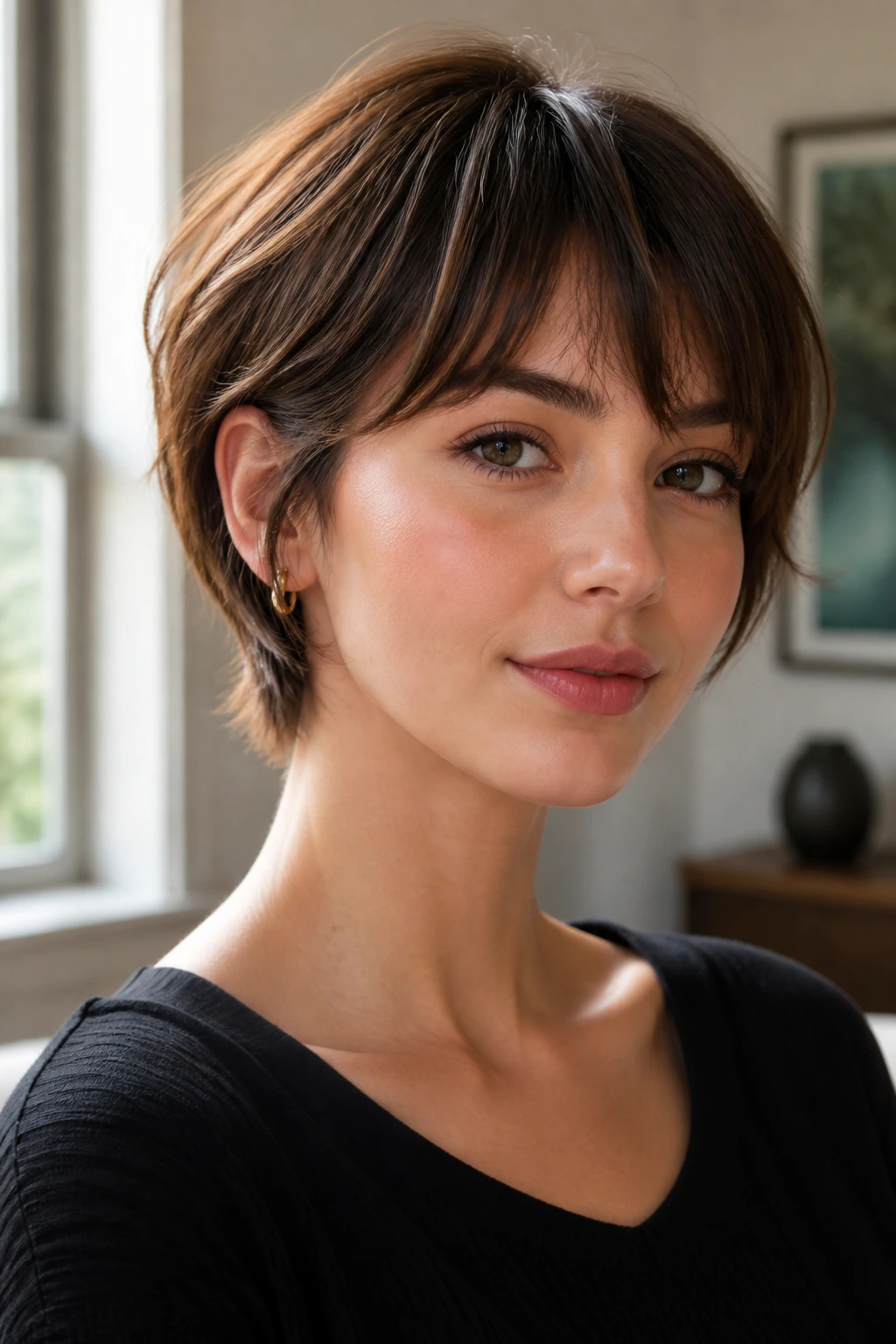 Close-up portrait of a person with a heart-shaped face and flattering short hairstyle